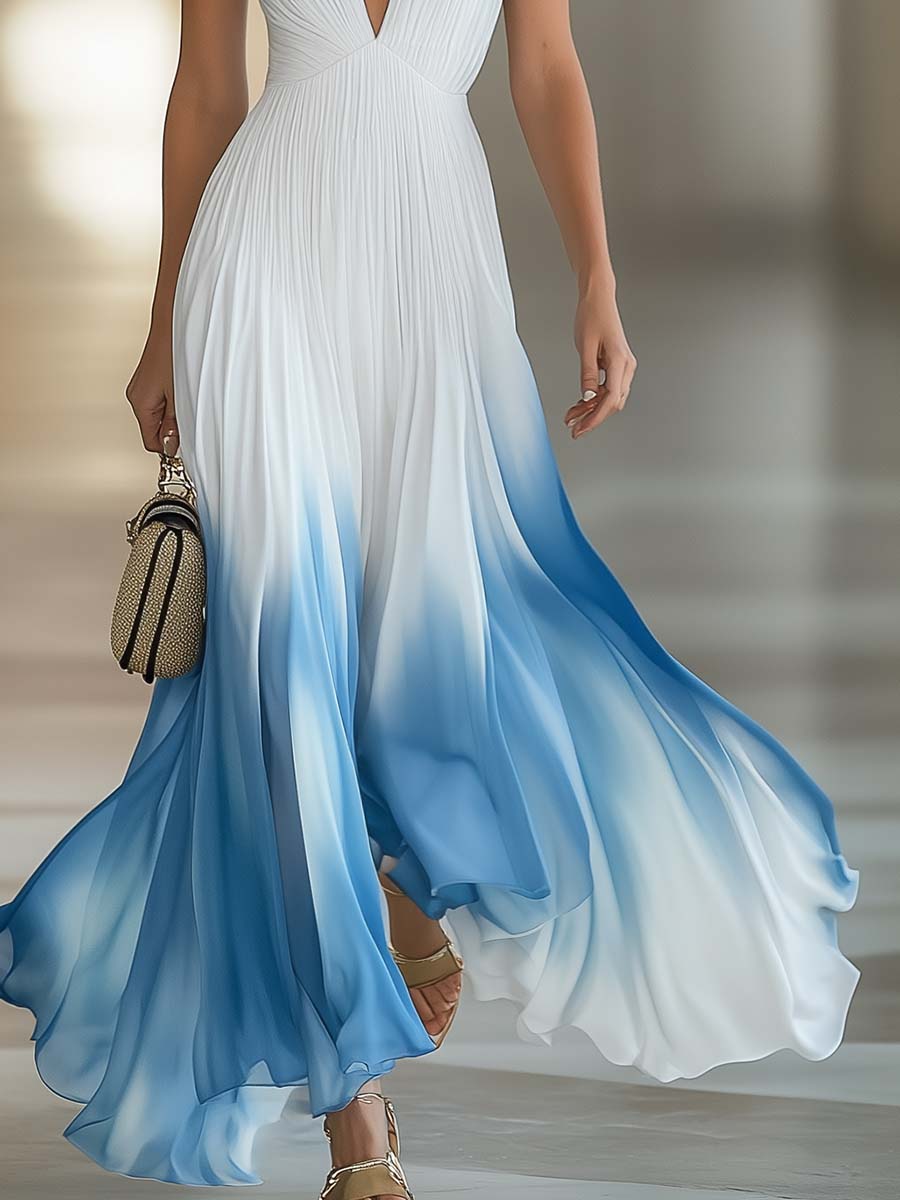 Maria™ | Elegant Maxiklänning i Plisserad Chiffon med V-ringning – Vit med Blå Ombre