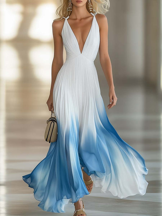 Maria™ | Elegant Maxiklänning i Plisserad Chiffon med V-ringning – Vit med Blå Ombre